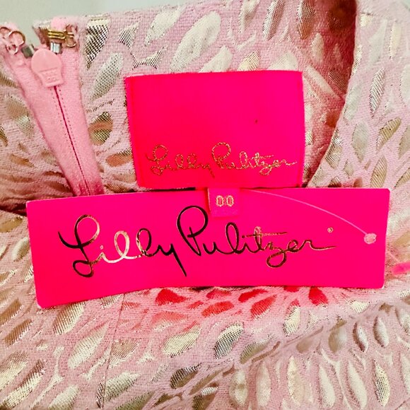 LILLY PULITZER ABREE PEPLUM DRESS  METALLIC PROSECCO PINK LAGOON JACQUARD - Picture 7 of 9